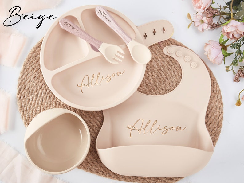 Set de sevrage personnalisé en silicone, Set de sevrage dessin animé pour tout-petits, Set de nourriture avec nom, Respectueux de l'environnement, Assiette pour bébé, Cadeau de baby shower image 7