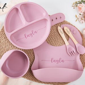 Set de sevrage personnalisé en silicone, Set de sevrage dessin animé pour tout-petits, Set de nourriture avec nom, Respectueux de l'environnement, Assiette pour bébé, Cadeau de baby shower image 2