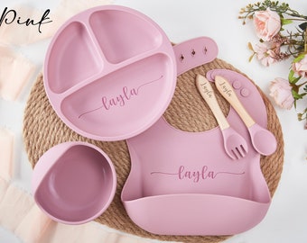 Ensemble de sevrage en silicone personnalisé, ensemble de sevrage de dessin animé pour les bébés en bas âge, ensemble d’alimentation avec nom, respectueux de l’environnement, assiette pour bébé, cadeau de baby shower