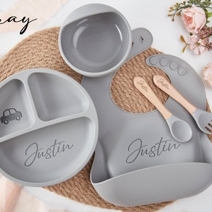 Set per lo svezzamento in silicone personalizzato,Set per lo svezzamento dei cartoni animati per bambini piccoli,Set per l'alimentazione con nome,Eco-Friendly,Piatto per neonati,Regalo per baby shower immagine 6