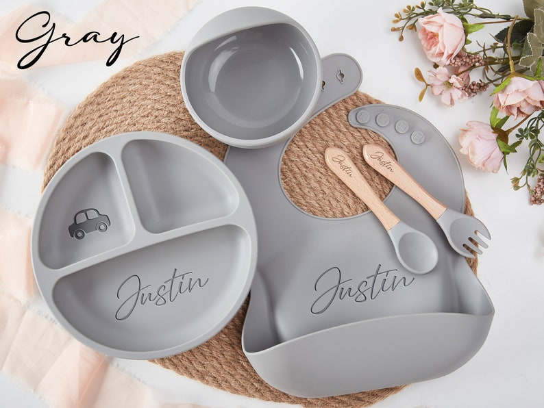 Personalized Silicone Weaning Set,Cartoon Weaning Set for Toddler Baby Kids,Feeding Set with Name,Eco-Friendly,Baby Plate,Baby Shower Gift image 6