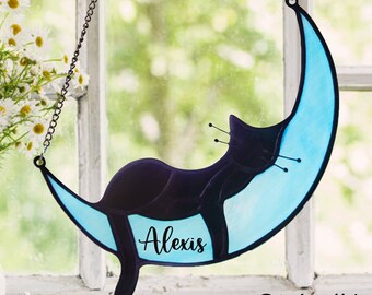 Gatto addormentato personalizzato sulla luna Arazzi per finestre in acrilico, acchiappasole fatti a mano, decorazioni per gatti, regali commemorativi per gatti Regali commemorativi per animali domestici