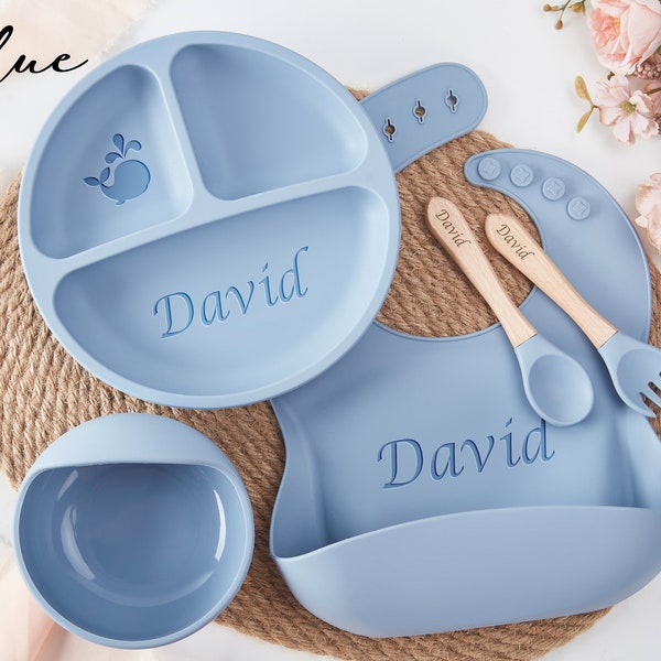 Toddler Name Silicone Weaning Set,5PC Baby Feeding Set,Engraved Silicone Weaning Kit,Personalized Baby Plate Baby Gift,Baby shower Gift