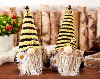 Bourdon Gnome Peluche - Gnome de tournesol - M. et Mme Abeille Gnomes de printemps Peluche Ornements - Décor de figurine de la Journée mondiale des abeilles - Gnome de printemps