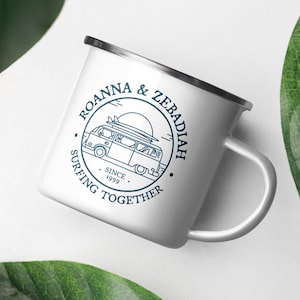 Personalised Sunset / Sunrise Beach Campervan Scene Tin Enamel Mug, Surfing Together Since Date Year Camping Cup 10th Anniversary Gift