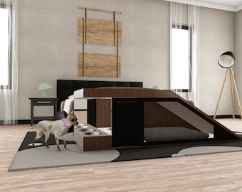 Può includere: Un letto per cani moderno con una rampa integrata, ciotole per cibo e acqua e un letto nero e grigio. Un piccolo cane bianco e marrone è in piedi vicino alle ciotole per cibo.