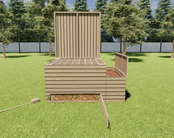 Puede incluir: Un contenedor de compost de madera con una tapa con bisagras y una puerta inferior extraíble. El contenedor está hecho de madera natural y tiene un aspecto rústico. Está sentado en un césped.