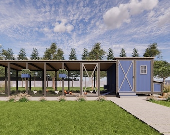 May include: A blue chicken coop with a covered run and a small door. The coop has a metal roof and a wooden frame. There are several chickens inside the run.