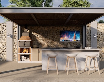 Könnte beinhalten: Aussenküche mit Steinwand, eingebautem Grill, Beton-Arbeitsplatte und vier Barhockern. Ein Flachbildfernseher ist an der Wand montiert.