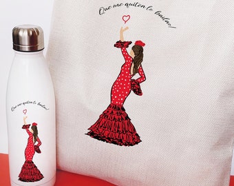 Flamenco set, personalized bag and bottle with flamenco dancer design, fair gift, flamenco gift, Flamenco design bottle and tote bag set
