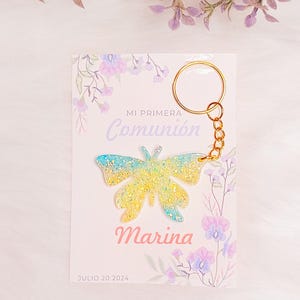 Porte-clés papillon coloré avec carte personnalisée, cadeau pour communion fille, cadeau invité baptême, porte-clés papillon multicolore