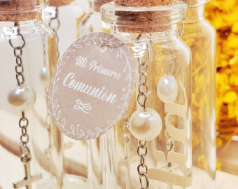 Detail zur Kommunion, Flasche mit kleinem Rosenkranzkreuz, personalisiertes Souvenir für eine Veranstaltung, Unisex-Hochzeitsdetail, Geschenk für Gäste