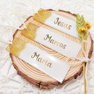 Segnaposto per matrimonio, regalo per gli invitati al matrimonio, piccolo segnalibro glitterato personalizzato, nome del tavolo personalizzato, segnaposto