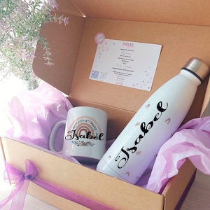 Coffret cadeau personnalisé bouteille et mug, Coffret cadeau personnalisé pour ami, Cadeau de Noël, Coffret cadeau secret floral pour ami