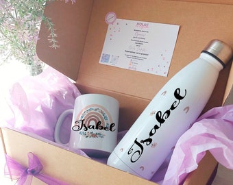 Personalized bottle and mug gift set, Personalized gift pack for friend, Christmas gift, floral secret friend gift box