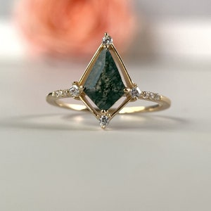 Natural Moss Agate Ring, Kite Shaped Ring, Vintage CZ Ring, Unique Engament Ring, Promise Ring, Sterling Silver Ring For Women