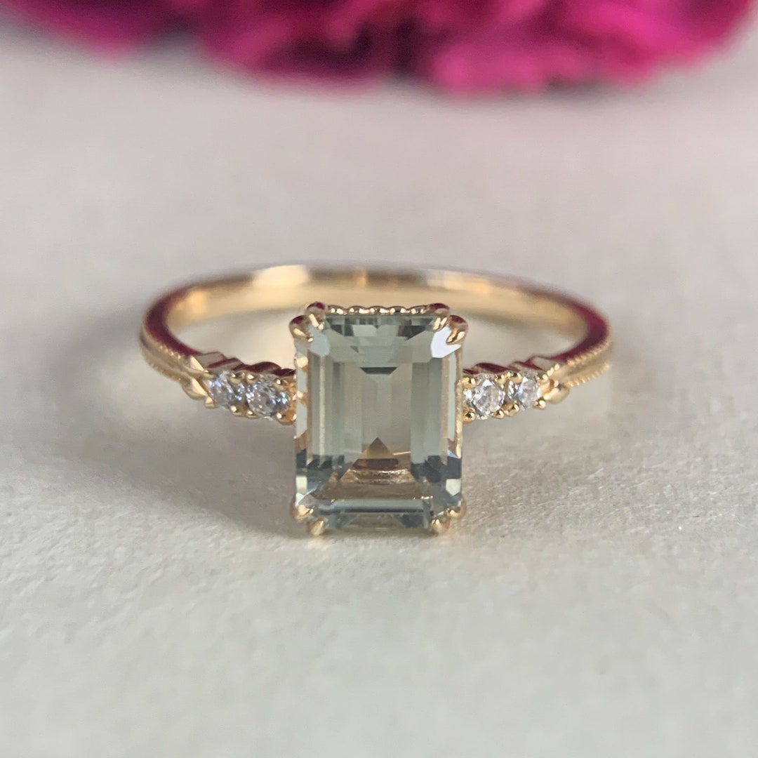 Natural Green Amethyst Ring, Emerald Cut Green Amethyst Engagement Ring
