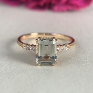 Natural Green Amethyst Ring,  Emerald Cut Green Amethyst Engagement Ring, 6x8mm February Birthstone Ring, Gold Sterling Silver Ring