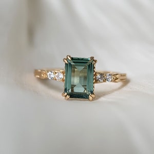Vintage Green Amethyst Engagement Ring, Gold Plated Sterling Silver Ring, Delicate CZ Ring, Emerald Cut Ring, February Birthstone Rings