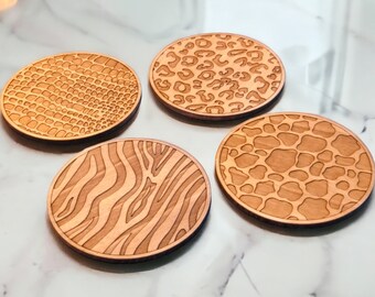 Set of Animal Patterns Wooden Coasters – Home Decor Gift – Nature Drink Coaster – Eco Friendly Decoration – Wood Design – Animal Print