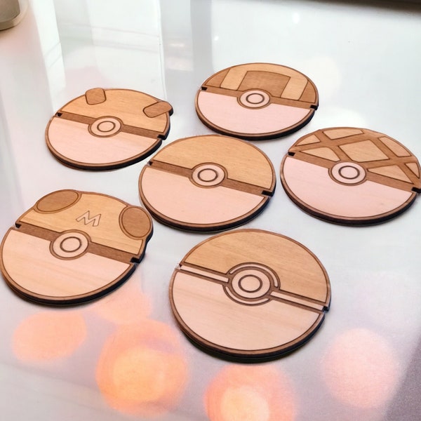 Set of Pokeball Wooden Coasters – Home Decor Gifts – Geek Drink Coaster – Eco friendly Decoration – Wood Unique Design – Handmade Cup Holder