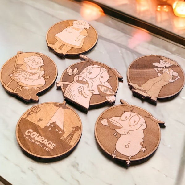 Set of Courage the Cowardly Dog Wooden Coasters – Home Decor Gifts – Geek Drink Coaster – Eco Friendly – Wood Design – Handmade Cup Holder