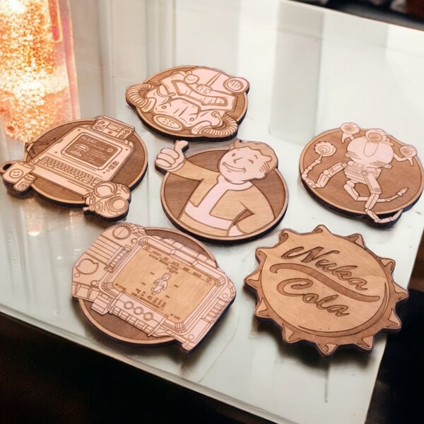 Set of Fallout Wooden Coasters – Home Decor Gifts – Geek Drink Coaster – Eco friendly Decoration – Wood Unique Design – Handmade Cup Holder