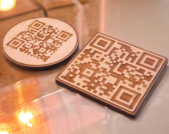 QR Code Wooden Coasters – Home Decor Gifts – Bar Drink Coaster – Eco Friendly Decoration – Commerce Supplies – Barware – Menu Personalized