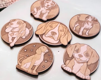 Set Beagle houten onderzetters – Home Decor Gift – Pet Lover Coaster – Hondenliefhebber – EcoFriendly – Hout Uniek Design – Handgemaakte bekerhouder