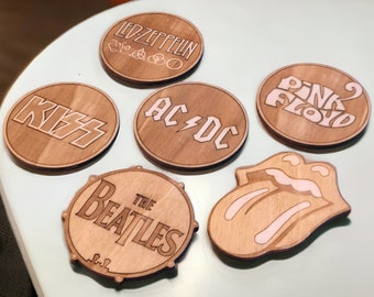 Ensemble de sous-verres en bois Groupes de rock - Cadeaux déco - Dessous de verre musique - Cadeau rock 'n roll - Design unique en bois - Porte-gobelet fait main