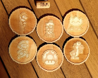 Set de 6 - Super Mario Pixel - Sous-verres en bois - Cadeau de pendaison de crémaillère - Fait à la main - Cadeau Geek - Mario Bros - Jeu - Nintendo