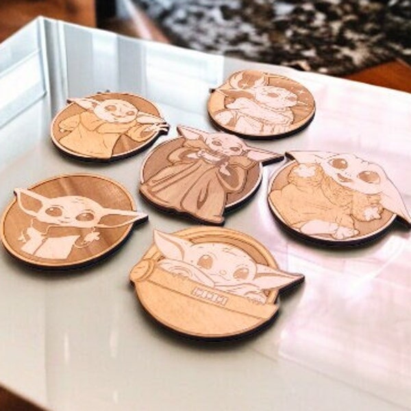 Set of Baby Yoda Wooden Coasters – Home Decor Gifts – Geek Drink Coaster – Eco friendly Decoration – Handmade Cup Holder – Grogu - Sci-Fi