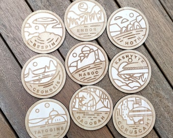 Set de 9 - Star Wars Planets - Sous-verres en bois - Cadeau de pendaison de crémaillère - Fait à la main - Cadeau Geek