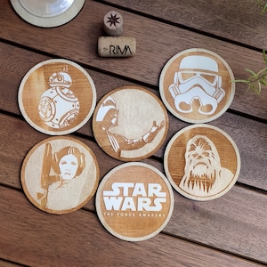 Set of 6 - Star Wars Dark Side- Wooden Coasters - Darth Vader - Princess Leia - StormTrooper - Chewbacca - Housewarming Gift - Handmade -