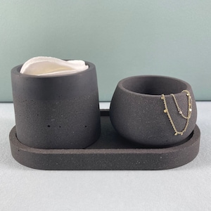 Badezimmer-Set Aufbewahrung für Wattestäbchen, Maniküreset oder als Schmuckdose rund auf Tablett oval LAVA anthrazit betonähnlich Handarbeit