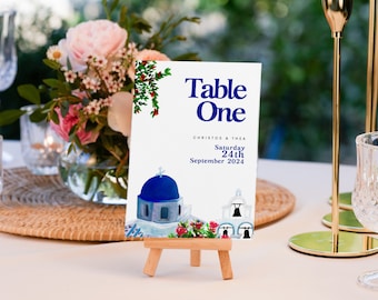 Greece Wedding Table Number Card, Santorini Wedding Table Name Card, Greek Simple Wedding Table Number Display Template, Canva Editable