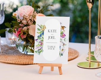 Wildflower Wedding Table Number Card, Floral Wedding Table Name Card, Wildflower Wedding Table Number Display Template, Canva Editable
