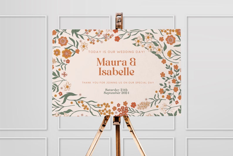 70s Retro Floral Wedding Welcome Sign, Retro Floral Table Chart, Retro Wedding Seating Chart, Welcome Wedding Sign, Canva Printable Editable image 3