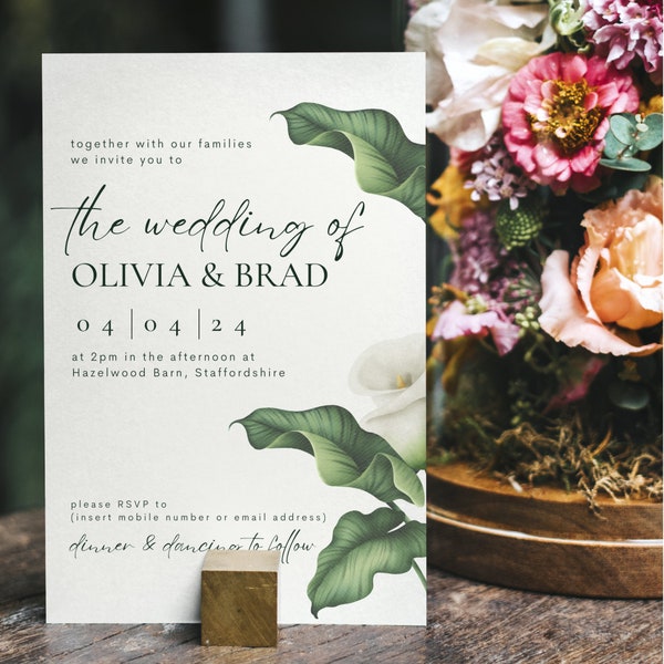 Calla Lily Wedding Invitation Template, Lily Floral Wedding Invite Template, Floral Calla Lily Wedding Invitation, Printable Editable Canva