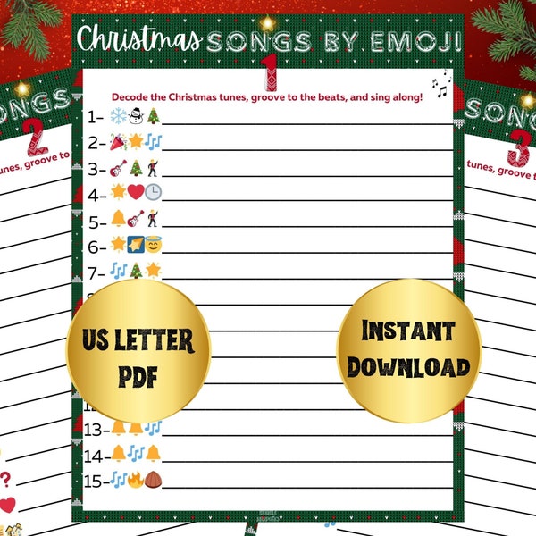 Jeu Emoji de Noël, Pictionnaire Emoji de Noël, Jeu de chansons Emoji, Jeux de Noël imprimables, Jeux de fête de Noël, Chansons de Noël