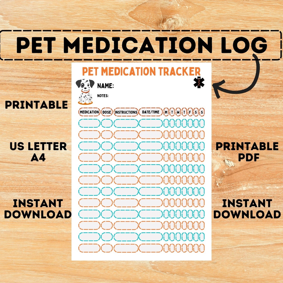 Pet Medication Log, Pet Medical Tracker, Dog Medication Log, Cat