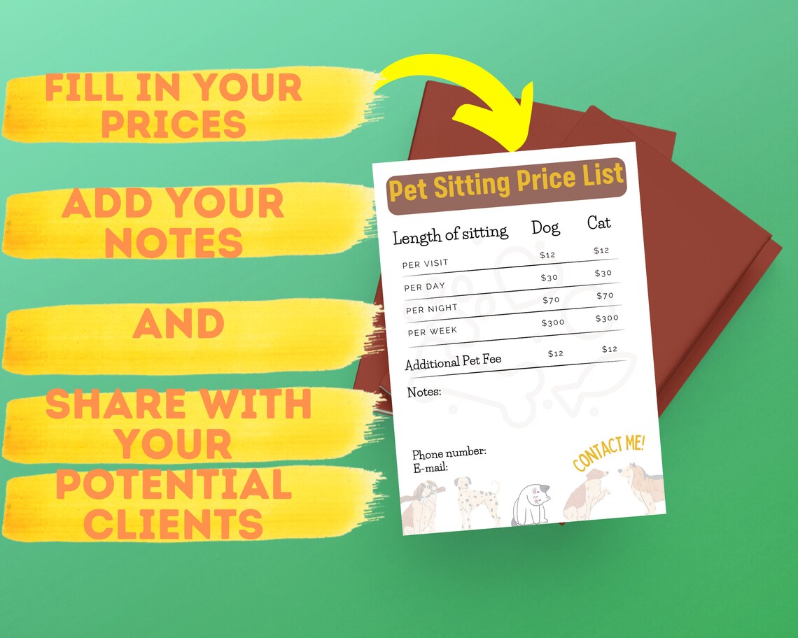Price List for Dog Sitters, Template for Dog Sitters, Dog Sitting Price