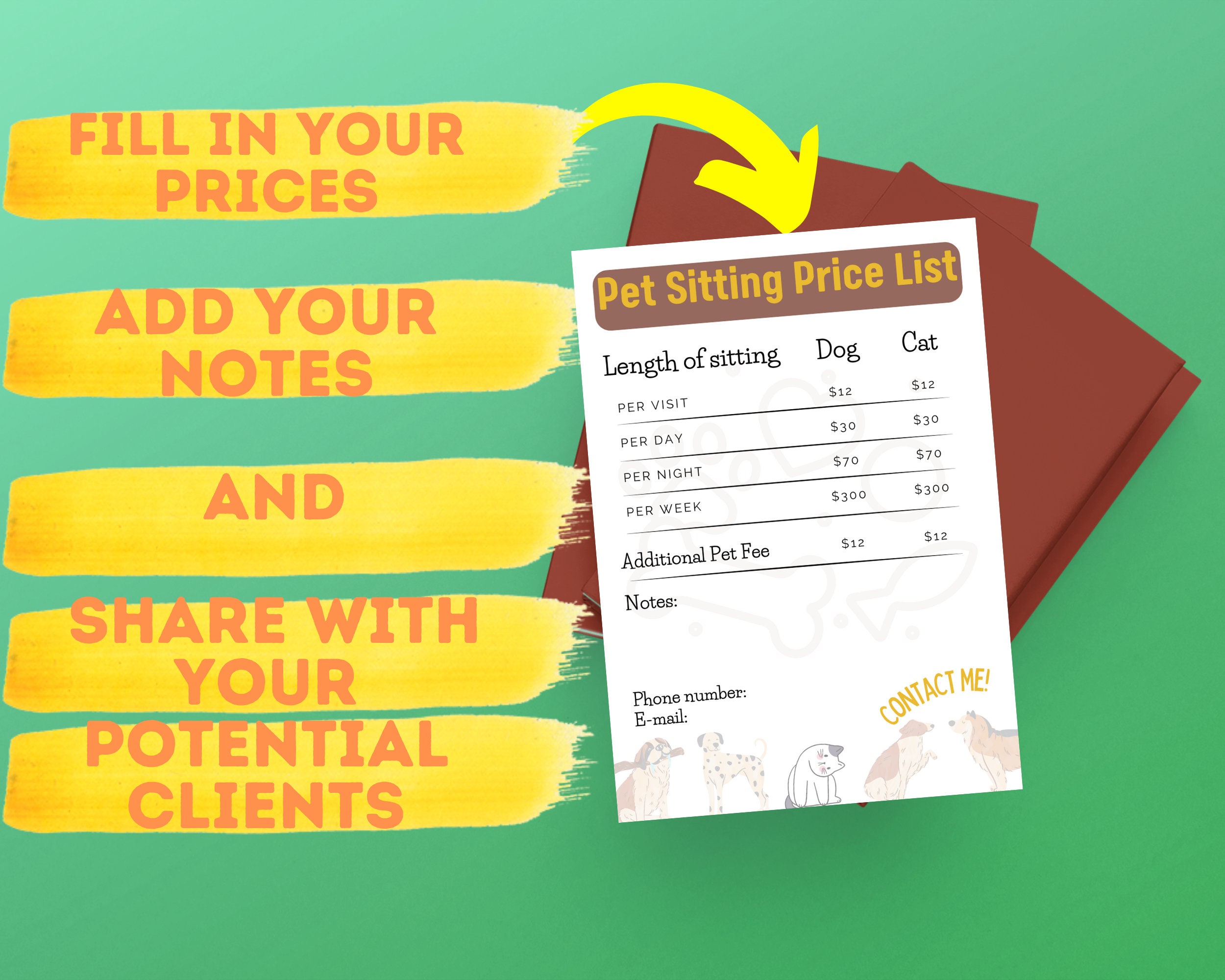 Price List for Dog Sitters, Template for Dog Sitters, Dog Sitting Price