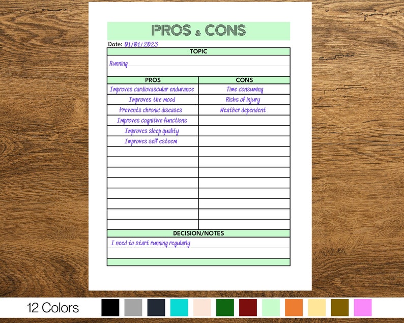 Printable Pros and Cons List, Pros and Cons Template, Printable Decision Making Template, Pros ...