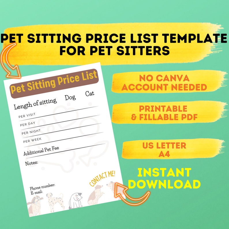 Price List for Dog Sitters, Template for Dog Sitters, Dog Sitting Price List, Cat Sitting Price