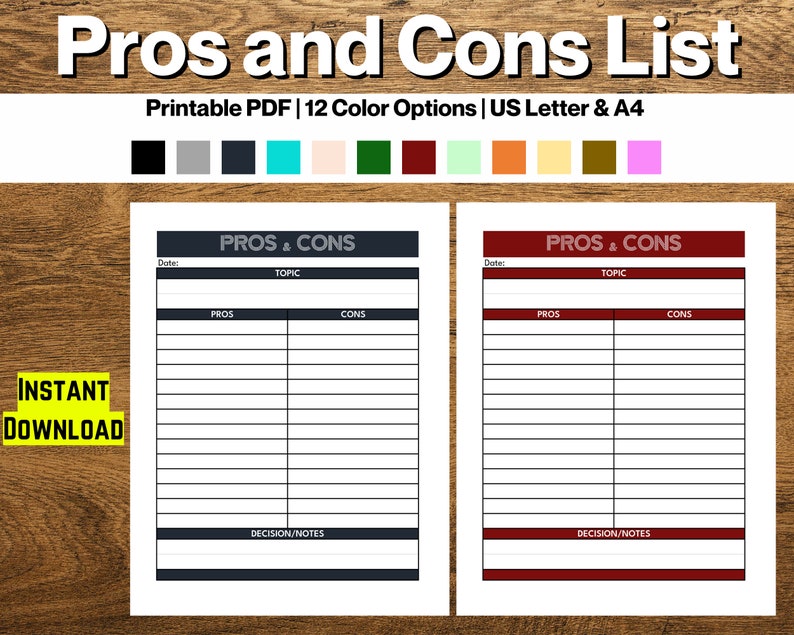 Printable Pros and Cons List, Pros and Cons Template, Printable Printable Pros and Cons List, Pros and Cons Template, Printable