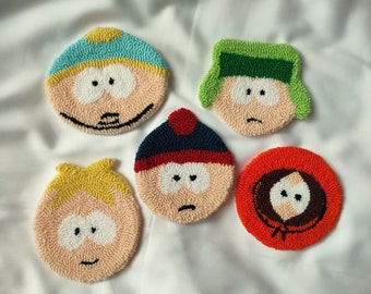South Park Punch Needle Coaster | Featuring Cartman, Kenny, Kyle, Stan, and Butters | Handmade Mug Rug | Drink Coaster | Tufted Mug Rug