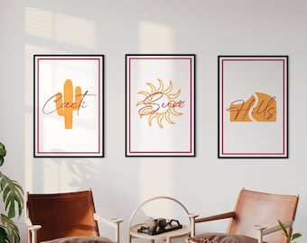 Set of 3 Bohomian- Minimalist Poster | Printable Wall Art | Magenta and Orange | Cacti | Sun | Printable Art Poster | Living Room Poster |