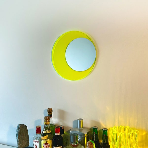 Espejo de neón redondo / Espejo de neón amarillo brillante, Diseño de espejo moderno, Decoración del hogar, 12 pulgadas, Espejo de la sala de estar, Decoración de verano, Minimalista