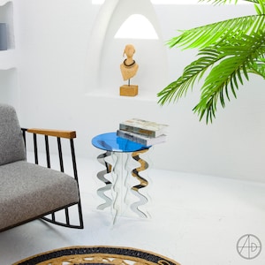 Acrylic Coffee Table | Designer Wavy Leg with Mirror Accents, Modern Pop Art Decor, Contemporary Acrylic Table, Living Room Centerpiece
